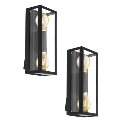 2 PACK IP44 Outdoor Wall Light Black / Square Glass shade 60W E27 Porch Lamp