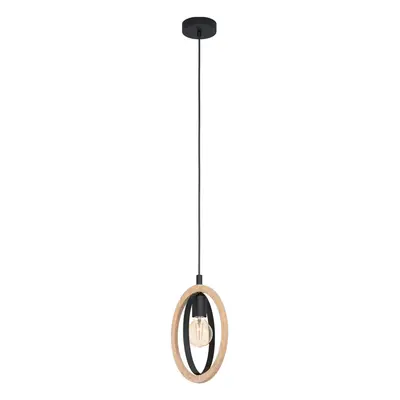 Hanging Ceiling Pendant Light Black & Wood Hoop Shade x 40W E27 Bulb