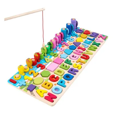 6 IN Wooden Numbers Graphics Fishing Game Letter Multi-function Matching Board Early Learning Ed