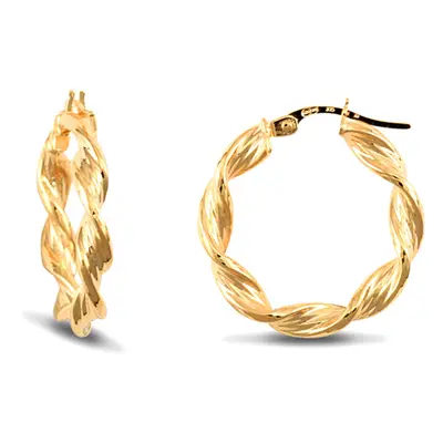 Jewelco London Ladies 9ct Yellow Gold Barked Platted Candy Twist 3.5mm Hoop Earrings 22mm - JER1