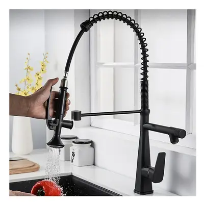 (Black, Round Handle) Kitchen Faucet with Flexible Pull-Down Sprayer