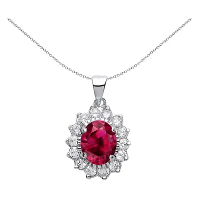 Jewelco London Ladies Sterling Silver Ruby-Red Oval Cubic Zirconia Royal Cluster Pendant Necklac