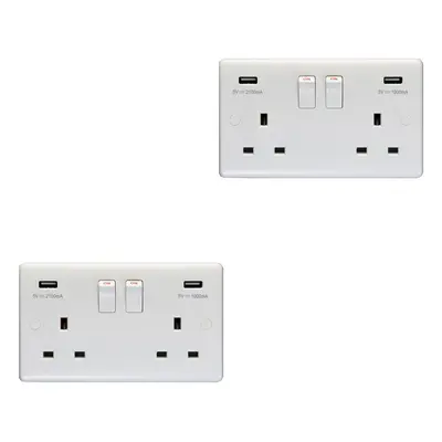 2 PACK Gang Double UK Plug Socket & 2.1A USB-A Charger WHITE 13A Switched