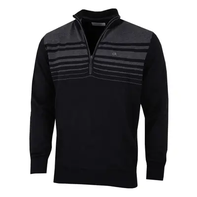 (L, Blk/Cha) Calvin Klein Mens Rapid 1/2 Zip Durable Striped Soft Sweater