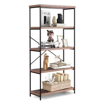 5-Tier Bookshelf Industrial Wood w/ Metal Frame Standing Display Brown