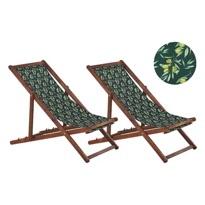 Set of Acacia Folding Deck Chairs and Replacement Fabrics Dark Wood with Off-White / Olives Patt