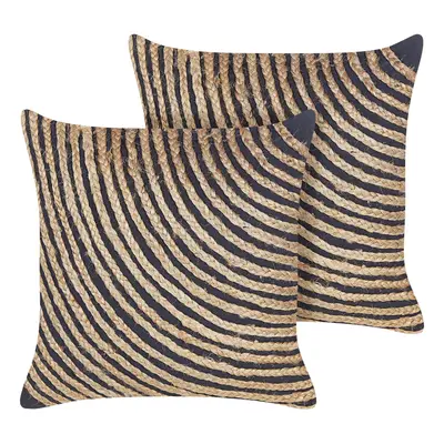 Set of Cotton Cushion with Braided Jute x cm Beige and Black BERGENIA