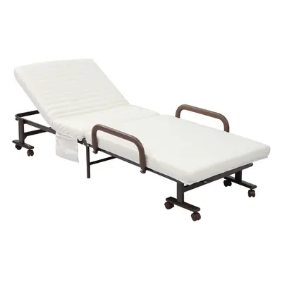 HOMCOM Folding Bed with Mattress & Wheels, Adjustable Backrest Guest, White