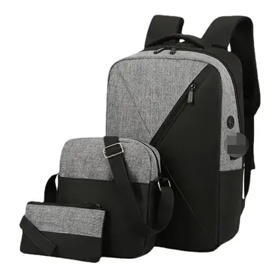 (Grey) 3Pcs Men Oxford Wear Resistant Breathable Patchwork Large Capacity Casual Backpack Chest 