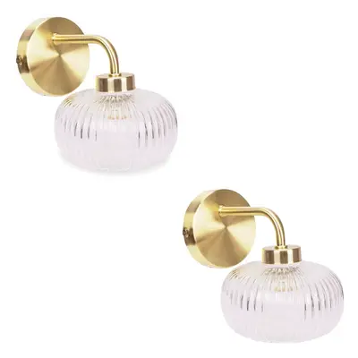 (Pair, Yes) Amaia Gold IP44 Bathroom Clear Ribbed Glass Wall Light