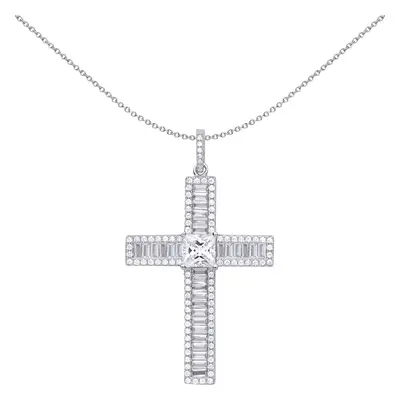 Jewelco London Unisex Sterling Silver Princess Cut Cubic Zirconia Vanity Mirror Style Cross Pend