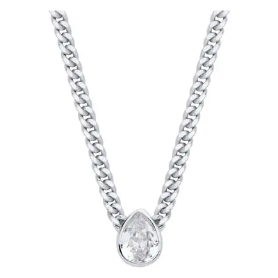 Jewelco London Ladies Sterling Silver Pear CZ Solitaire Collarette Curb Chain Lavalier Necklace 