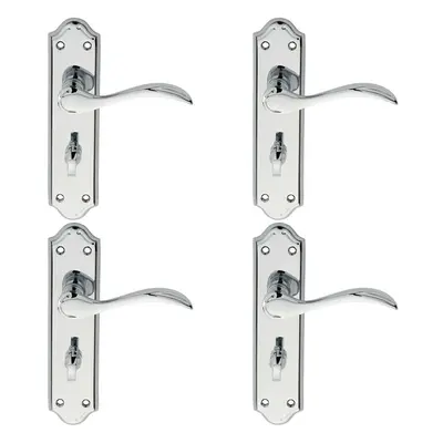 4x PAIR Curved Door Handle Lever on Bathroom Backplate x 45mm Chrome