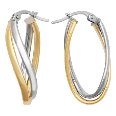 Jewelco London Ladies 9ct Yellow and White Gold Wavy Double Interlocked Oval Hoop Creole Earring