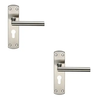 2x Mitred Lever Door Handle on Euro Lock Backplate x 44mm Satin Steel