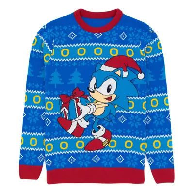 (M) Sonic The Hedgehog Mens Christmas Jumper Adults Blue Knitted Xmas Sweater