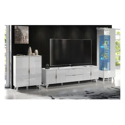 (RGB (multicoloured) LED Lights) High Gloss & Matt White Living Room Set TV Stand Display Cabine