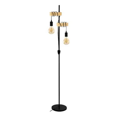 Standing Floor Lamp Light Black Base & Twin Wood Hangman x 10W E27 Bulb