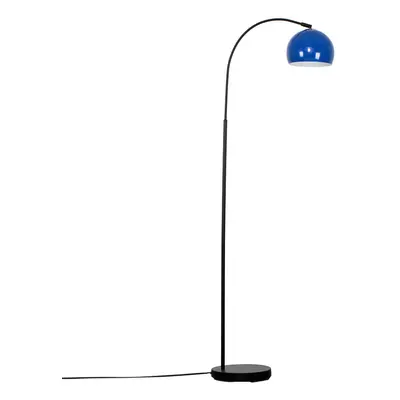 Modern Designer Style Black Curved Stem Floor Lamp with a Gloss Navy Blue Arco Style Metal Dome 