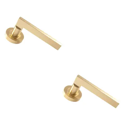 2x PAIR Straight Plinth Mounted Handle on Round Rose Concealed Fix Satin Brass