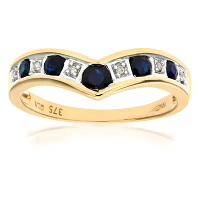 (H) Jewelco London 9ct Yellow Gold Sapphire & Diamond Wishbone Ring