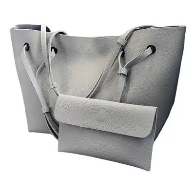 (Grey) 2pcs Women Leather Large Shoulder Messenger Shopping Bag Purse Handbag Tote