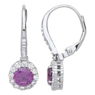 Jewelco London Ladies Sterling Silver Purple Cubic Zirconia Solitaire Halo Drop Earrings - GVE81