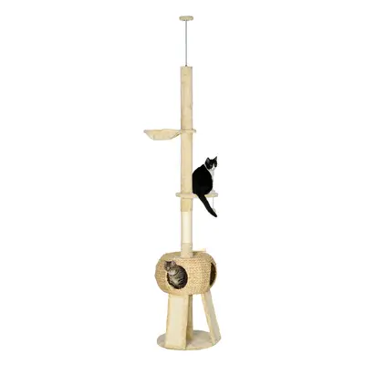 PawHut 255cm Cat Tree Tower w/ Scratching Post, Cat House, Ball, Platform, Beige