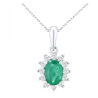 Jewelco London 9ct White Gold Round 1/4ct Diamond Oval 0.6ct Emerald Cluster Pendant Necklace in