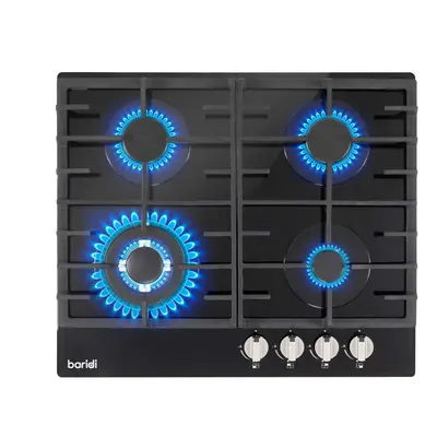 Baridi 60cm Gas Hob Built-In, Burner and Cast Iron Pan Supports, Black Glass - DH226