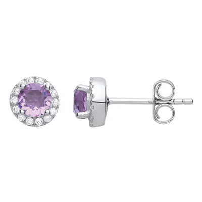 Jewelco London Ladies Sterling Silver Lilac Cubic Zirconia Solitaire Halo Cluster Stud Earrings 