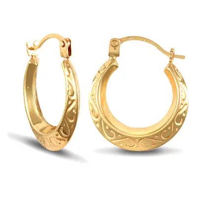 Jewelco London Ladies 9ct Yellow Gold Floral Engraved Creole Earrings 15mm - JER027