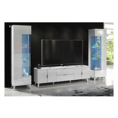 (White LED Lights) White Living Room Set High Gloss & Matt TV Stand Display Cabinets Azzurro10/1