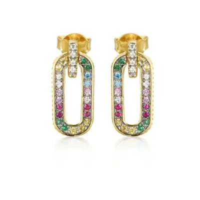 Jewelco London 14k Gold-plated Silver Rainbow Round Brilliant CZ Paperclip Oval Halo Drop Earrin