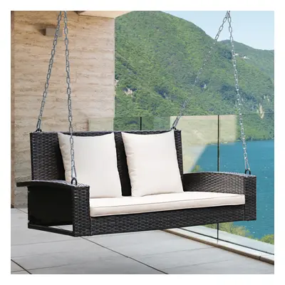 2-Seat Rattan Swing Loveseat Outdoor Hanging Bench W/ Cushions