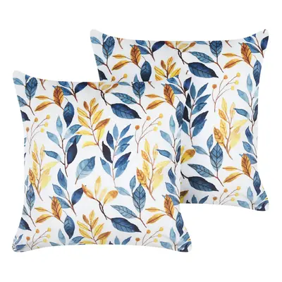 Set of Velvet Cushions Leaf Pattern x cm Yellow and Blue CATTLEYA