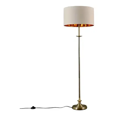 Traditional Style Antique Brass Sconce Floor Lamp with a Beige/Gold Drum Shade - Complete with a