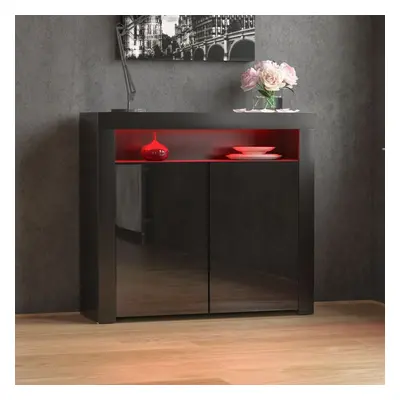 (Black) Nova Door LED Sideboard Wide Shelf Gloss Cabinet