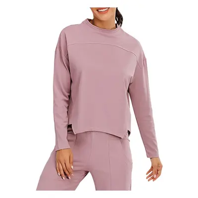 (Pink, M) Women Sweatshirt O-Neck Long Sleeves Asymmetrical Hem Quick-Dry Running Fitness Tops