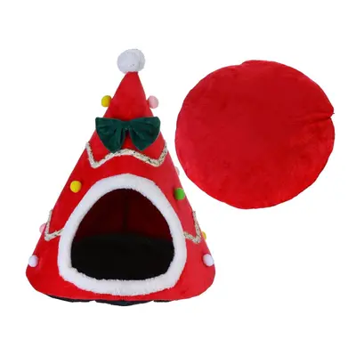 (Red, M) Cat Pet Dog Christmas Tree Shape Velvet Warm House Cave Beds Indoor Cats Cozy Wool Iglo