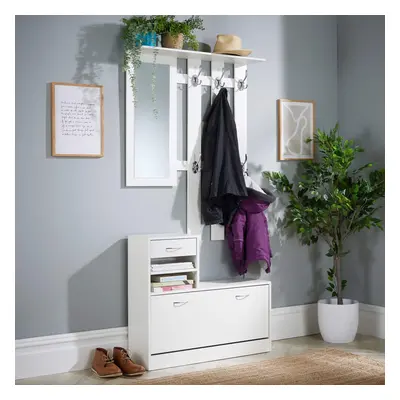 (White) Home Source Darfield Hallway Coat Hook Shoe Cabinet Storage Unit