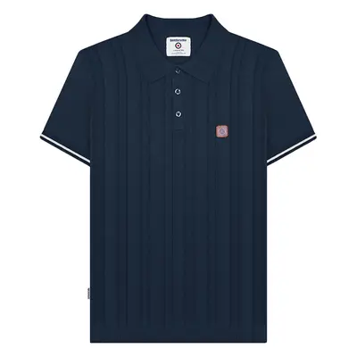 (S, Navy) Lambretta Mens Knitted Short Sleeve Ribbed Cotton Collared Polo Shirt Top