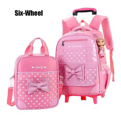 (Pink, Six-wheel) 25L 2Pcs Children Trolley Backpack Shoulder Bag Camping Trolley Case With Whee