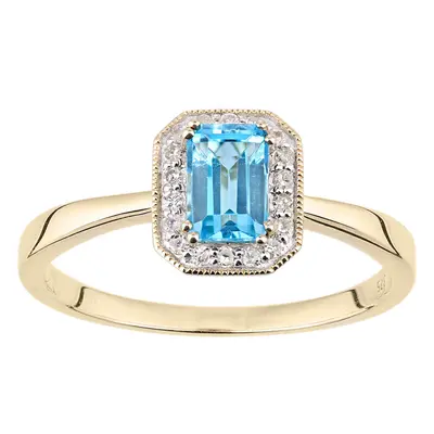 (P) Jewelco London 9ct Yellow Gold Octagon Blue Topaz and Diamond Cluster Ring