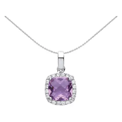 Jewelco London Ladies Sterling Silver Lilac Cushion Cubic Zirconia Checkerboard Pendant Necklace