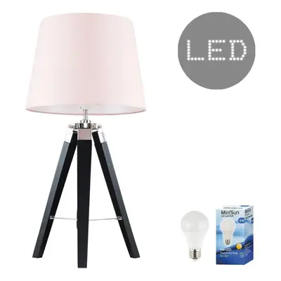 Modern Black Wood and Silver Chrome Tripod Table Lamp with a Pink Tapered Light Shade - Complete