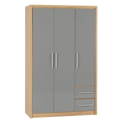 Seville Door Drawer Wardrobe Grey Gloss and Oak Effect Hanging Rail Shelves