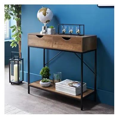 New Tromso Console Table black metal base with a rustic oak top finish