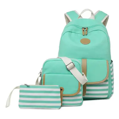 (Green) 3Pcs/Set Canvas Backpack Rucksack School Bag Waterproof Shoulder Bag Outdoor Travel