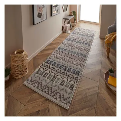 (Blue / Grey, Runner 68x235 cm) Tribal Grey Distressed Faded Rugs Modern Small Extra Large Hallw